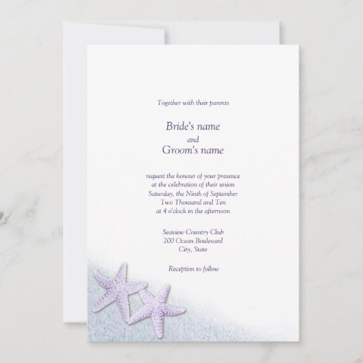 Invitations pourpres de mariage de plage d'étoiles (Devant)