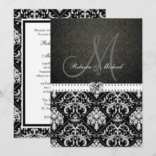 Invitations Premium Metallic Silver Mariage damass (Devant / Derrière)