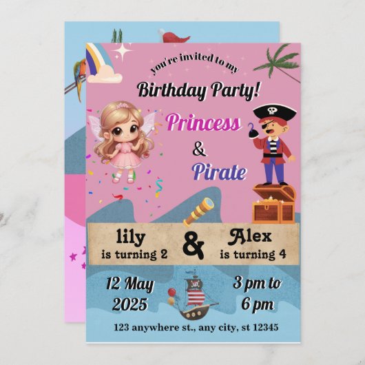 invitations princesses et pirates (Devant / Derrière)