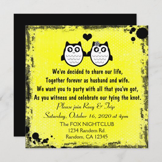 Invitations punks de mariage de hibou grunge jaune (Devant / Derrière)