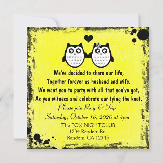 Invitations punks de mariage de hibou grunge jaune (Devant)