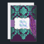 Invitations Purple Peacock et Mariage damassé Turq<br><div class="desc">Purple Peacock & Invitations Mariage damassé Turquoises—correspondent aux cartes RSVP et plus en bas sur cette page. Chaque invitation présente une impression en violet foncé et en damas turquoise. Les invitations comportent aussi une bande de violet imprimée avec un cadre ornemental tourbillonnant. Un élégant paon violet et bleu marine est...</div>