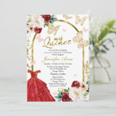 Invitations Quince Papillon Rouge Floral Or Arch (Debout devant)