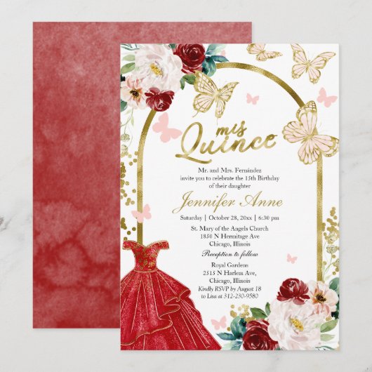 Invitations Quince Papillon Rouge Floral Or Arch (Devant / Derrière)