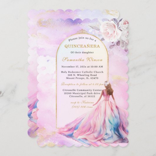 Invitations Quinceanera rose et or (Devant / Derrière)