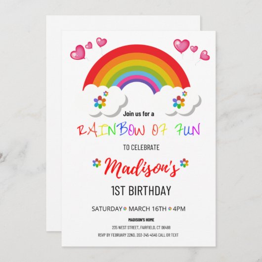 Invitations Rainbow Party pour les filles (Devant / Derrière)