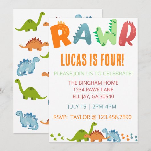 Invitations RAWR Dino (Devant / Derrière)