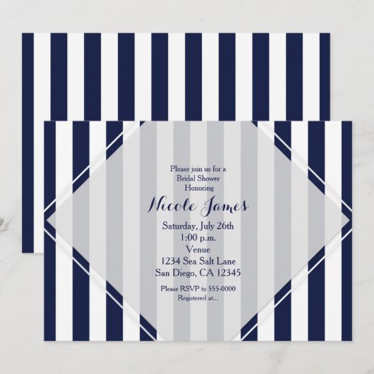 Invitations rayées modernes bleues et blanches (Devant / Derrière)