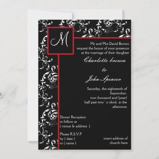 Invitations Red Black Mariage damassé (Devant)