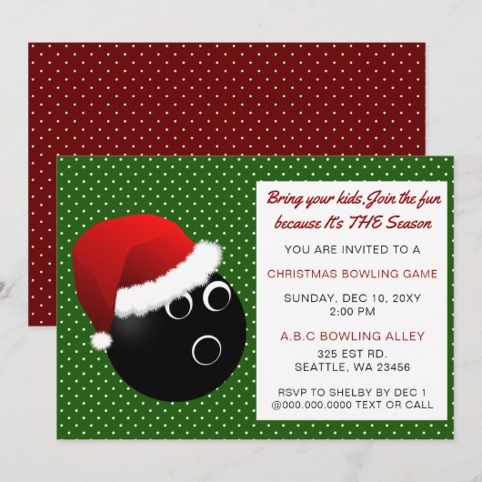 Invitations Red & Green Christmas Bowling (Devant / Derrière)