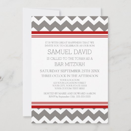 Invitations Red Grey Chevron Bar Mitzvah (Dos)
