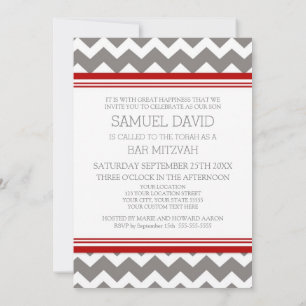 Invitations Red Grey Chevron Bar Mitzvah
