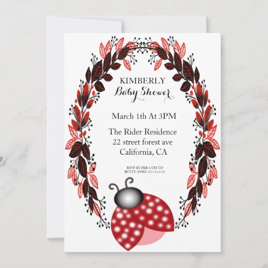 Invitations Red Ladybug Red Feuilles Baby Shower (Devant)