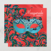 Invitations Red Turquoise Blue Masquerade Party (Devant / Derrière)