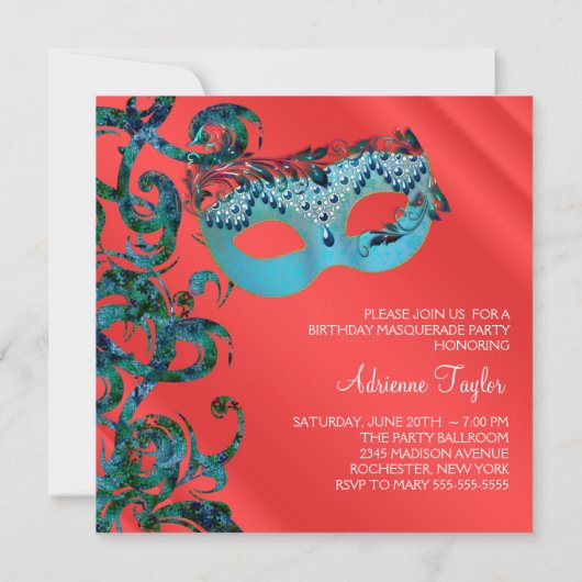 Invitations Red Turquoise Blue Masquerade Party (Dos)