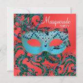 Invitations Red Turquoise Blue Masquerade Party (Devant)