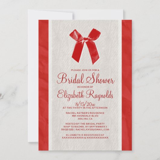 Invitations Red Vintage Bow & Linen Douche nuptial (Devant)