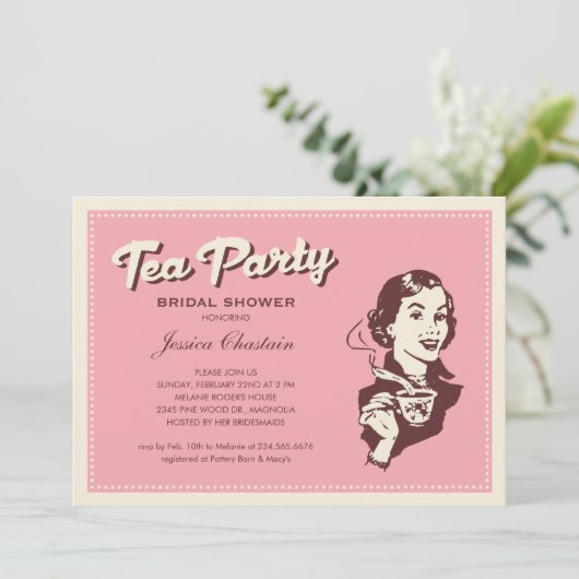 Invitations Retro Pink Tea Party (Debout devant)