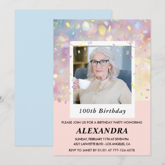 Invitations rose 100e anniversaire Confetti Photo (Devant / Derrière)