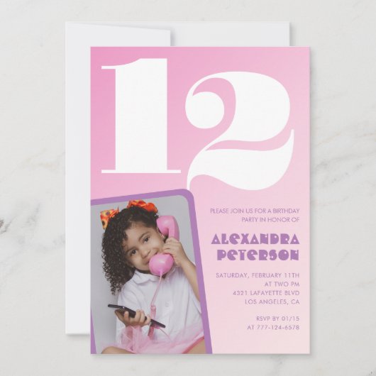 Invitations rose 12e anniversaire Girl Retro Photo (Devant)