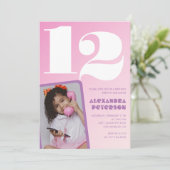 Invitations rose 12e anniversaire Girl Retro Photo (Debout devant)
