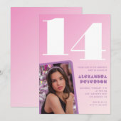 Invitations rose 14e anniversaire Girl Retro Photo (Devant / Derrière)