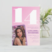 Invitations rose 14e anniversaire Girl Retro Photo (Debout devant)