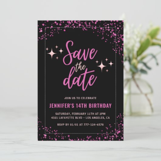 Invitations rose 14e anniversaire Save the date Gl (Debout devant)