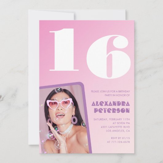 Invitations rose 16e anniversaire Retro Photo (Devant)