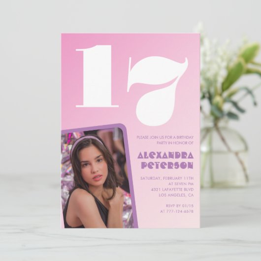 Invitations rose 17e anniversaire Retro Photo (Debout devant)