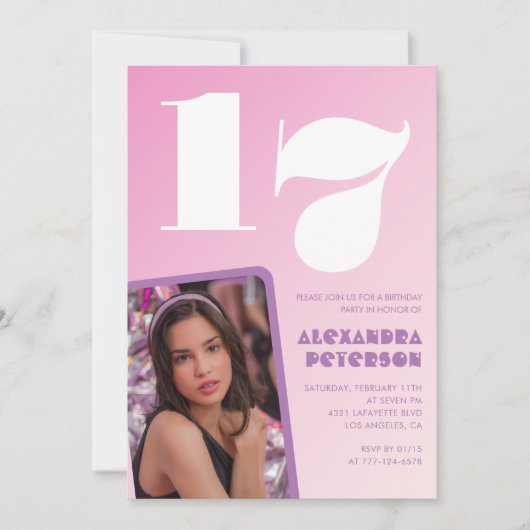 Invitations rose 17e anniversaire Retro Photo (Devant)