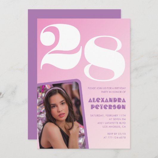 Invitations rose 28e anniversaire Retro Photo (Devant / Derrière)