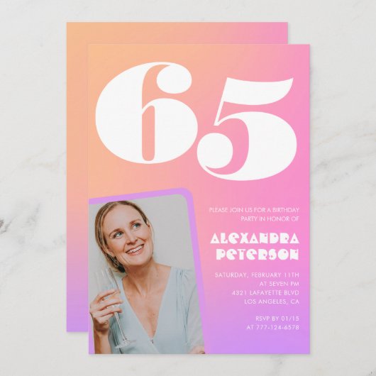 Invitations rose 65e anniversaire pour sa Retro Ph (Devant / Derrière)