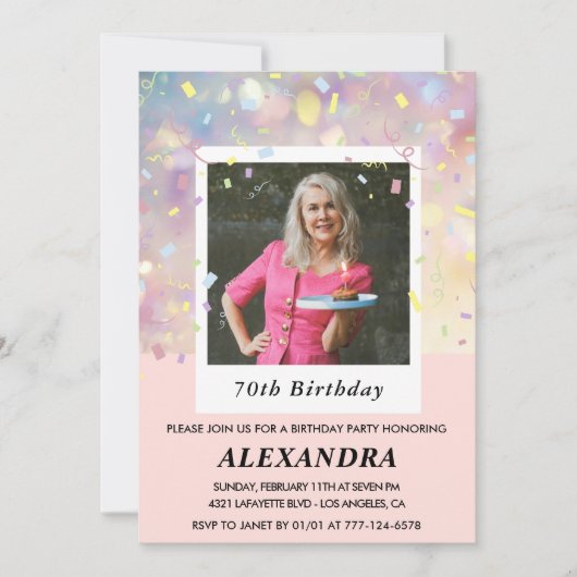 Invitations rose 70e anniversaire Confetti Photo (Devant)