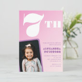 Invitations rose 7e anniversaire Girl Retro Photo (Debout devant)