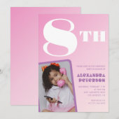 Invitations rose 8e anniversaire Girl Retro Photo (Devant / Derrière)