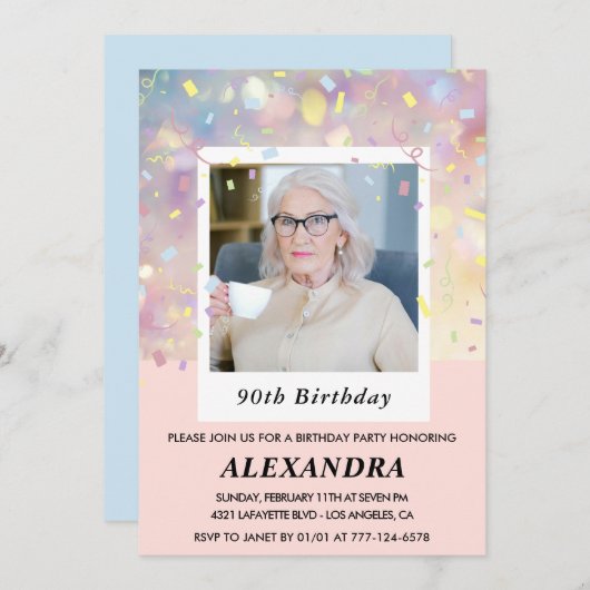 Invitations rose 90e anniversaire Confetti Photo (Devant / Derrière)
