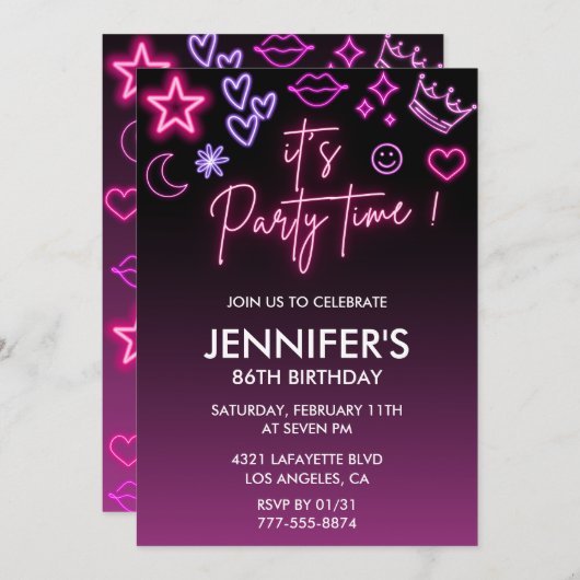 Invitations roses à 86e anniversaire pour son Neon (Devant / Derrière)