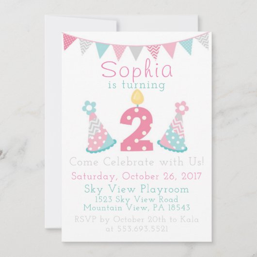 Invitations roses bleues et 2èmes d'anniversaire (Devant)