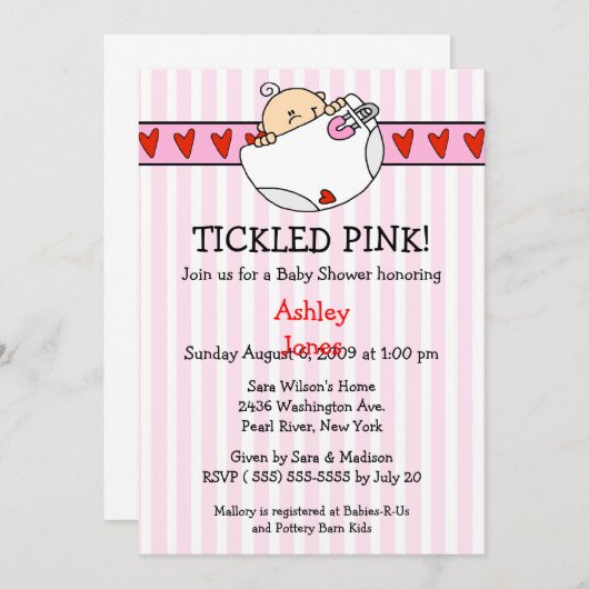 Invitations roses chatouillées de douche de bébé (Devant / Derrière)