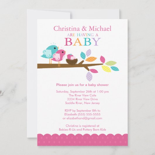Invitations roses de baby shower de nid d'oiseau (Devant)