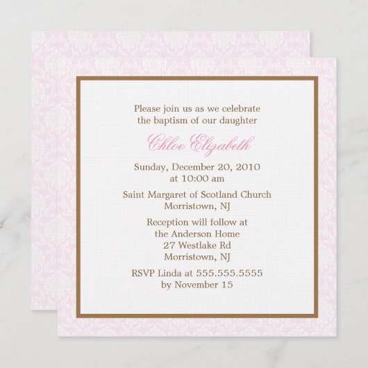 Invitations roses de baptême de damassé (Devant / Derrière)