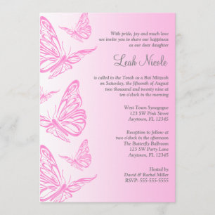 Invitations roses de bat mitzvah de papillon de