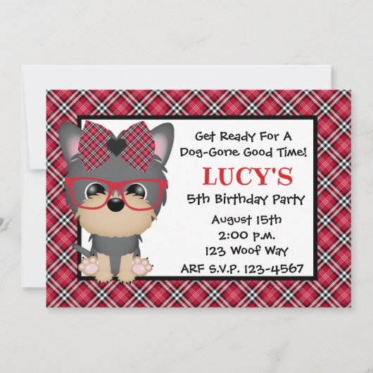 Invitations rouges de fête d'anniversaire de chiot (Devant)