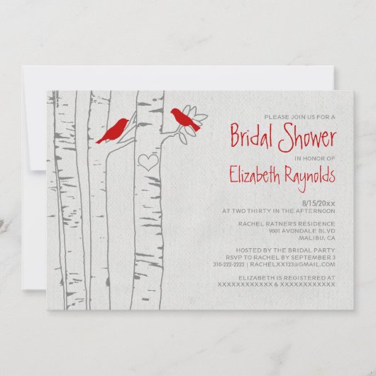 Invitations rouges de Fête de la mariée d'oiseaux (Devant)
