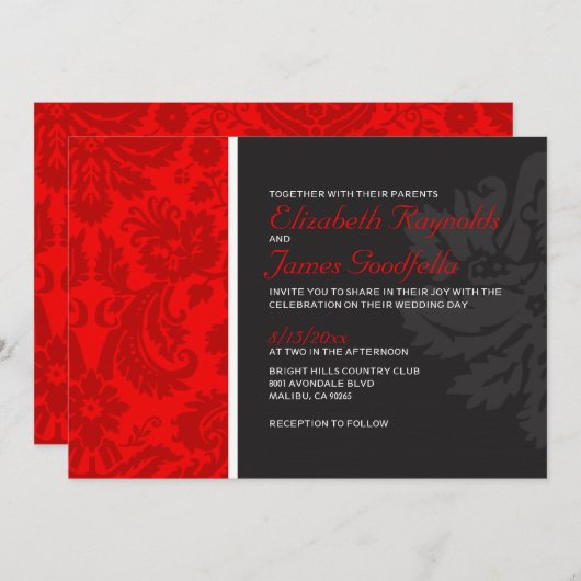 Invitations rouges de mariage damassé (Devant / Derrière)