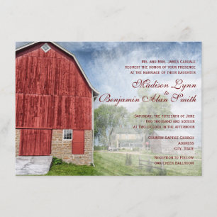 Invitations rouges de mariage de ferme de grange