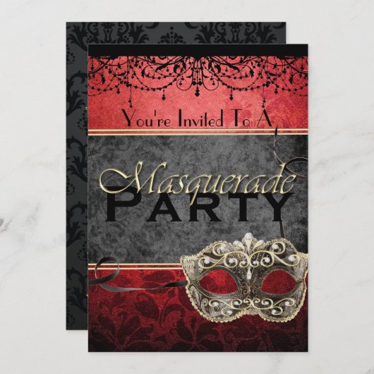 Invitations rouges vintages chics de mascarade (Devant / Derrière)