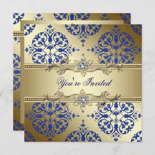 Invitations Royal Blue et Gold Damask Party (Devant / Derrière)