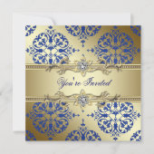 Invitations Royal Blue et Gold Damask Party (Devant)